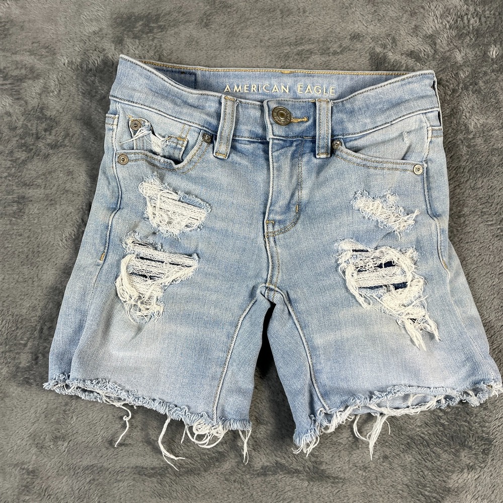 American Eagle Outfitters The Dream Shorts Womens 000 Blue Denim Ripped Raw Hem